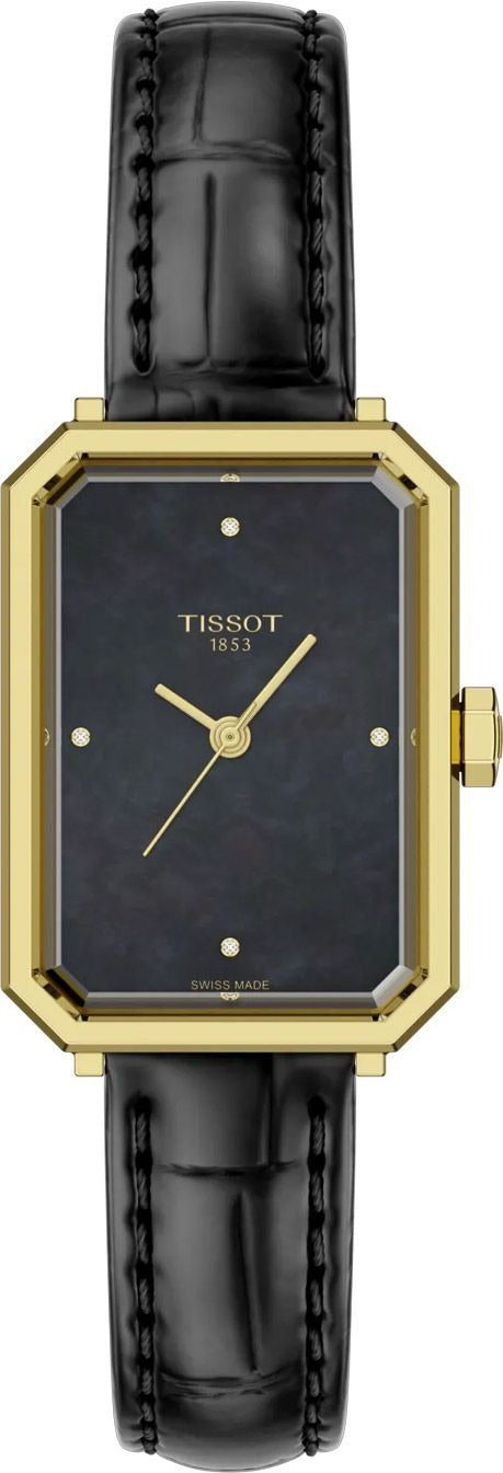Tissot SRV black mother-of-pearl dial rectangular watch with yellow gold case and black leather strap