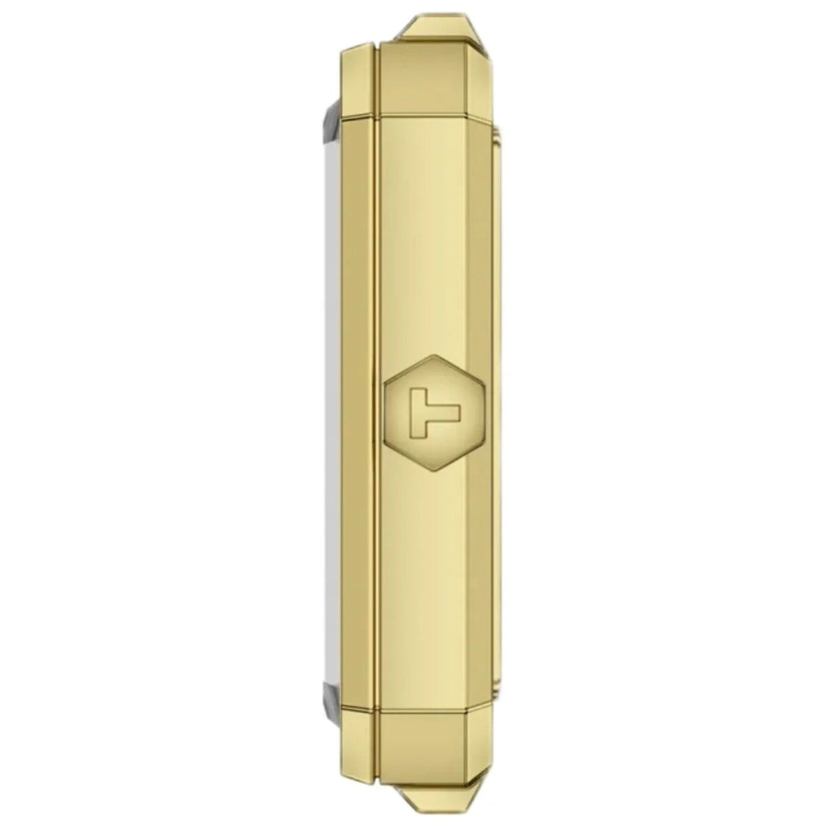 Tissot SRV watch side profile view showing yellow gold rectangular case with T logo and crown