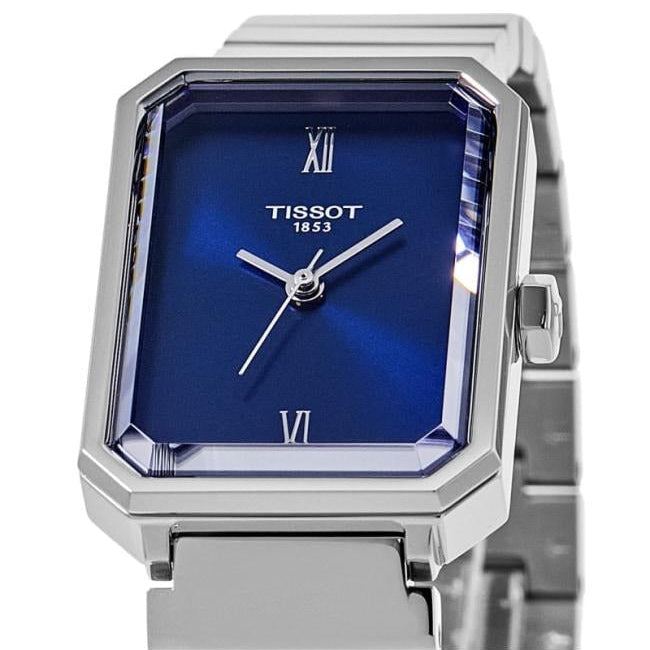 Close-up of Tissot SRV blue dial with Roman numerals and white hands