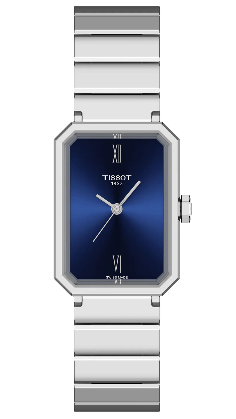 Tissot SRV stainless steel women's watch with blue dial and Roman numeral indexes