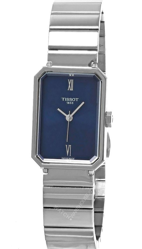 Side view of Tissot SRV watch with stainless steel bracelet and blue dial