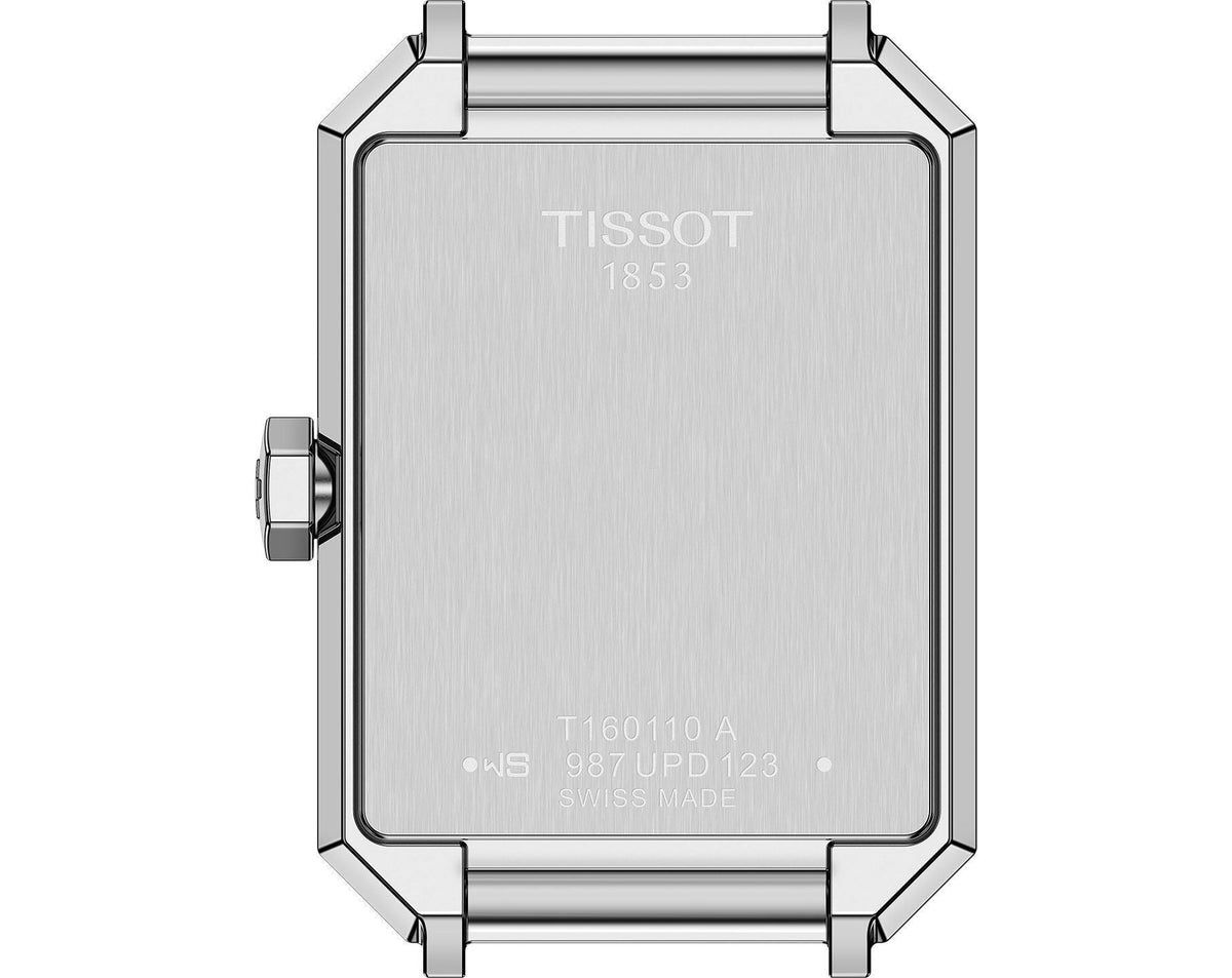 Tissot caseback engraved with brand name, model number T160110.A, and specifications
