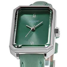 Close-up view of Tissot SRV green dial with Roman numerals and hands