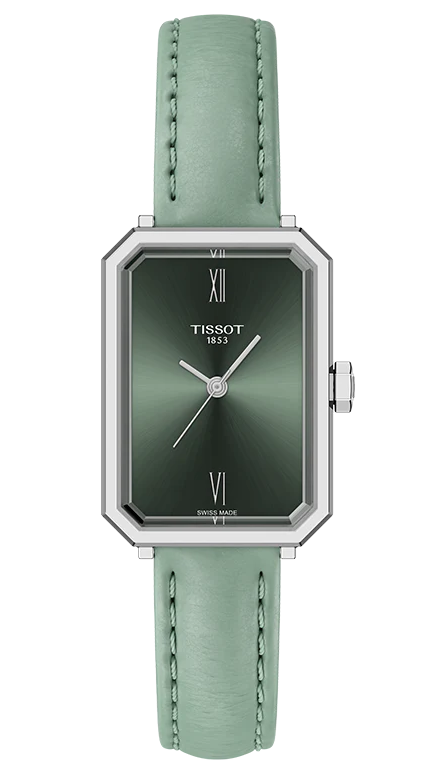 Tissot SRV 30mm women's watch with green dial, rectangular case, and green leather strap