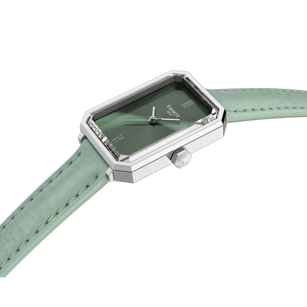 Tissot SRV watch with green leather strap on wrist, showing rectangular case and side profile