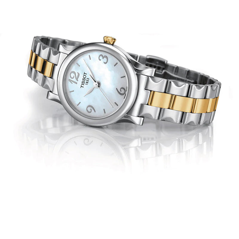 Tissot Stylis T watch angled view showing two-tone stainless steel and gold bracelet