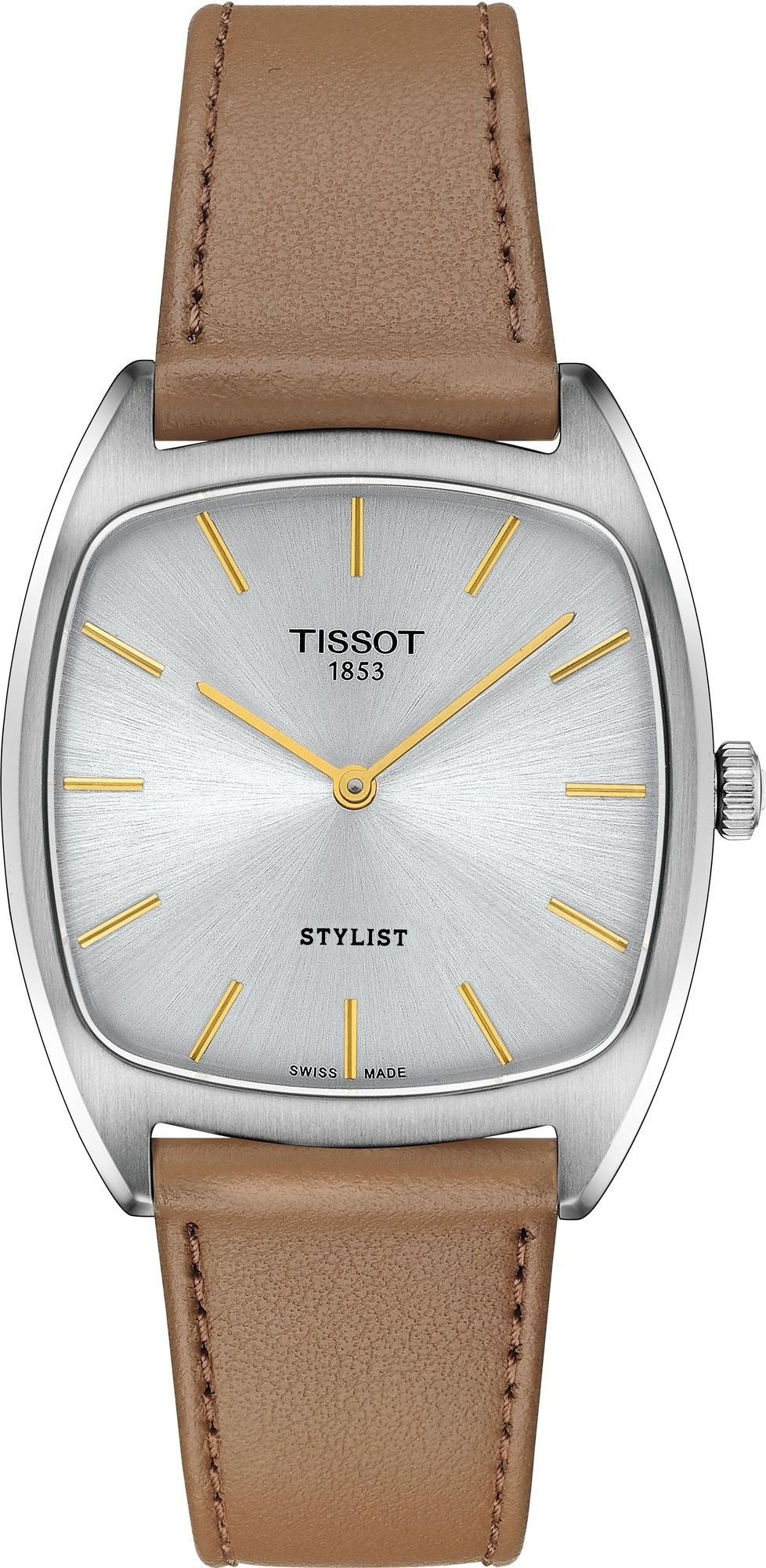 Tissot Stylist silver dial quartz watch with brown leather strap and gold indices