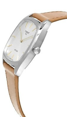 Side angled view of Tissot Stylist watch on wrist with brown leather strap