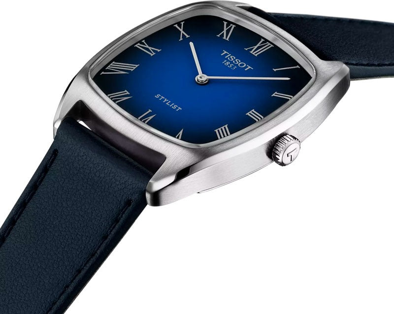 Tissot Stylist watch at angle showing blue dial and blue leather strap
