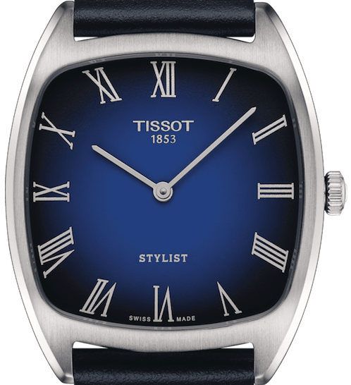 Tissot Stylist blue dial watch with stainless steel case and Roman numerals