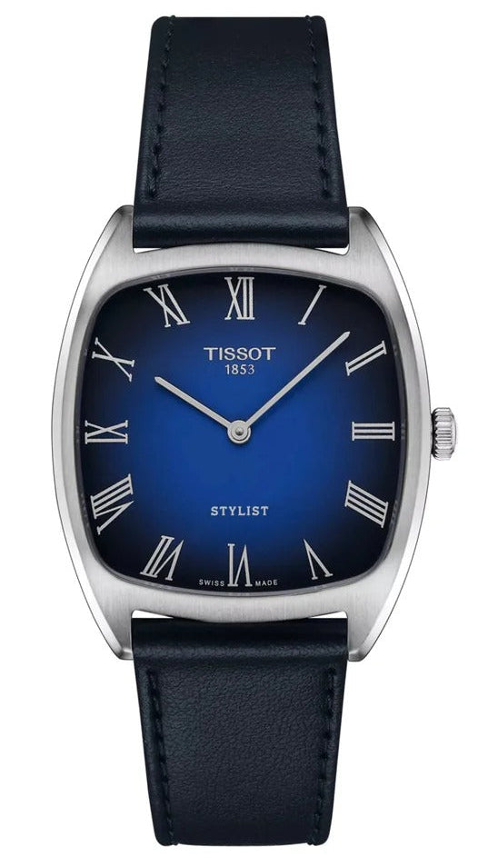 Tissot Stylist watch with blue dial and Roman numerals on blue leather strap