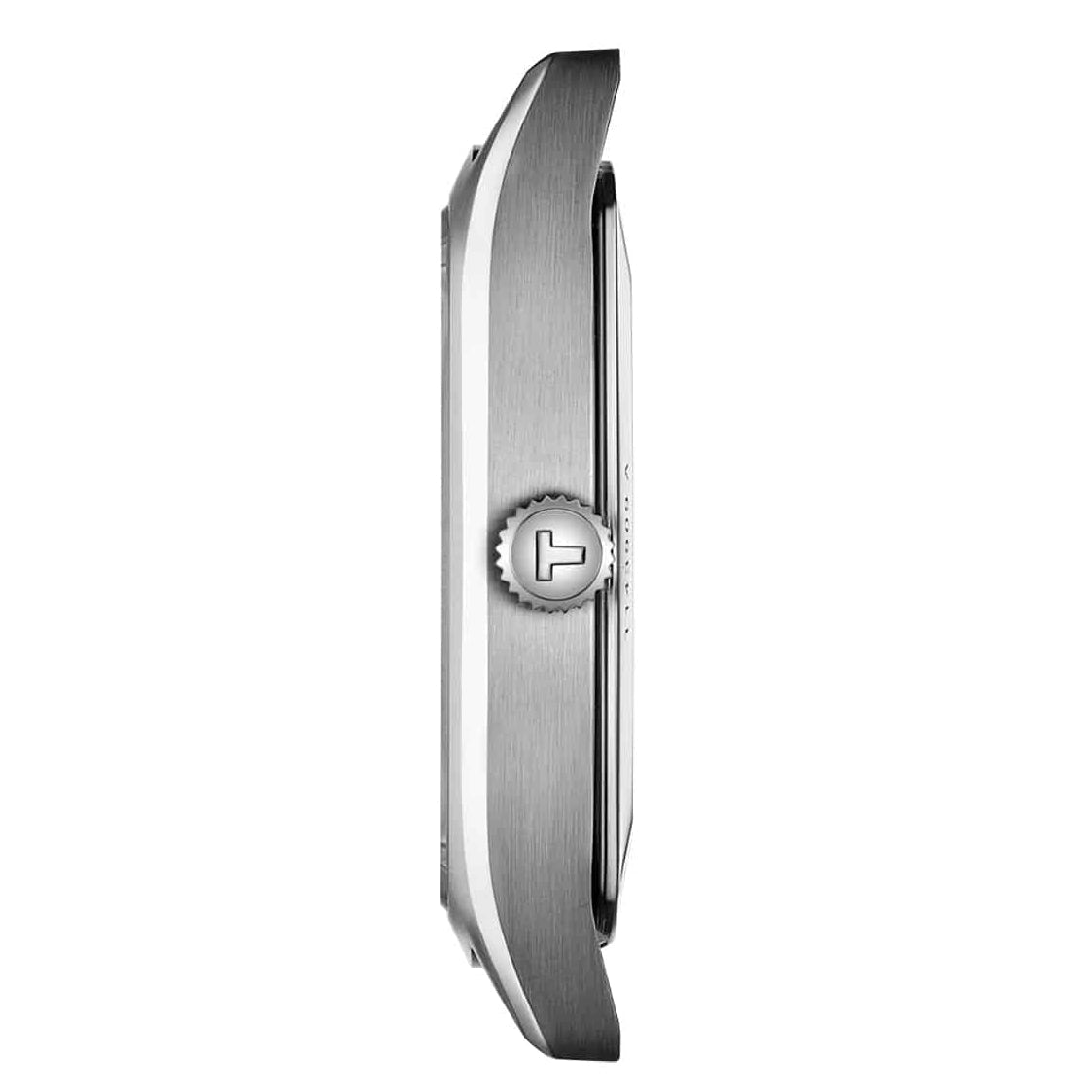 Tissot Stylist watch side view showing stainless steel case and crown