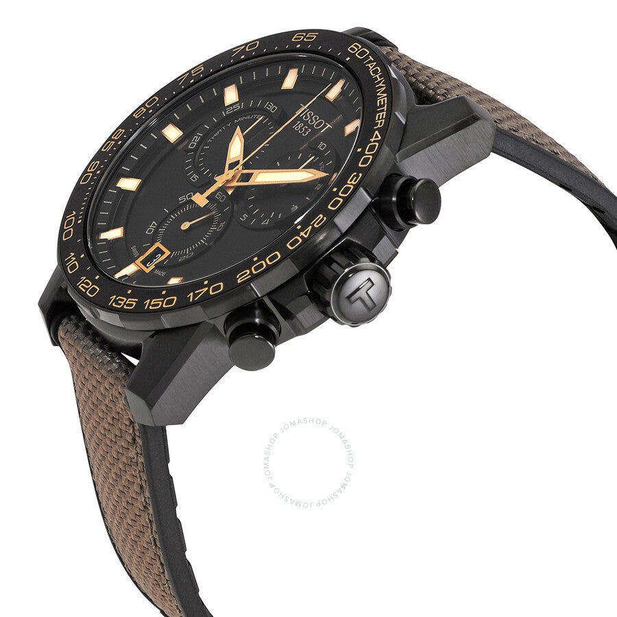 Tissot Supersport Chronograph watch shown at angle with tachymeter bezel and brown textile strap