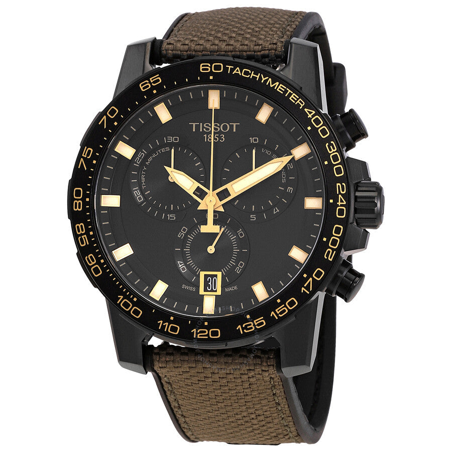 Tissot Supersport Chronograph quartz watch with black dial, gold-tone chronograph hands, and brown strap