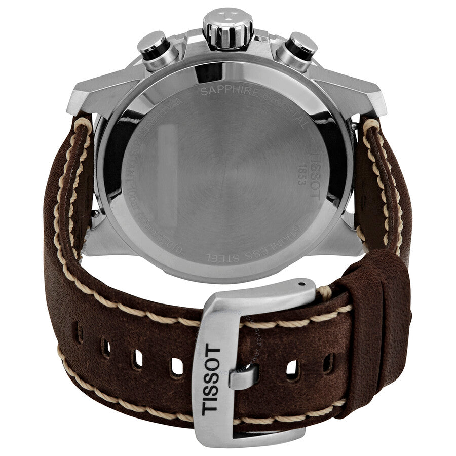 Tissot Supersport chronograph watch caseback showing stainless steel and brown leather strap