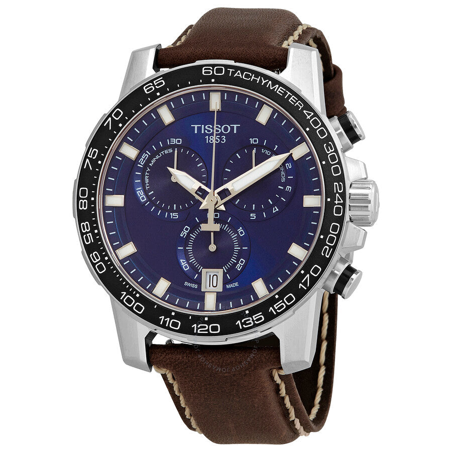 Tissot Supersport chronograph quartz watch with blue dial and brown leather strap