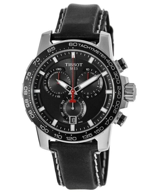 Tissot SuperSport Chronograph angled view showing black dial and stainless steel case