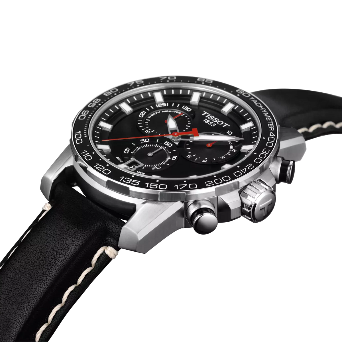 Tissot SuperSport Chronograph dial detail showing chronograph subdials, hands, and tachymeter scale