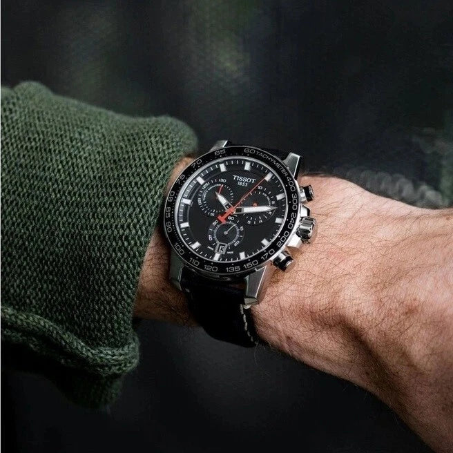 Tissot SuperSport Chronograph worn on wrist with black dial and leather strap