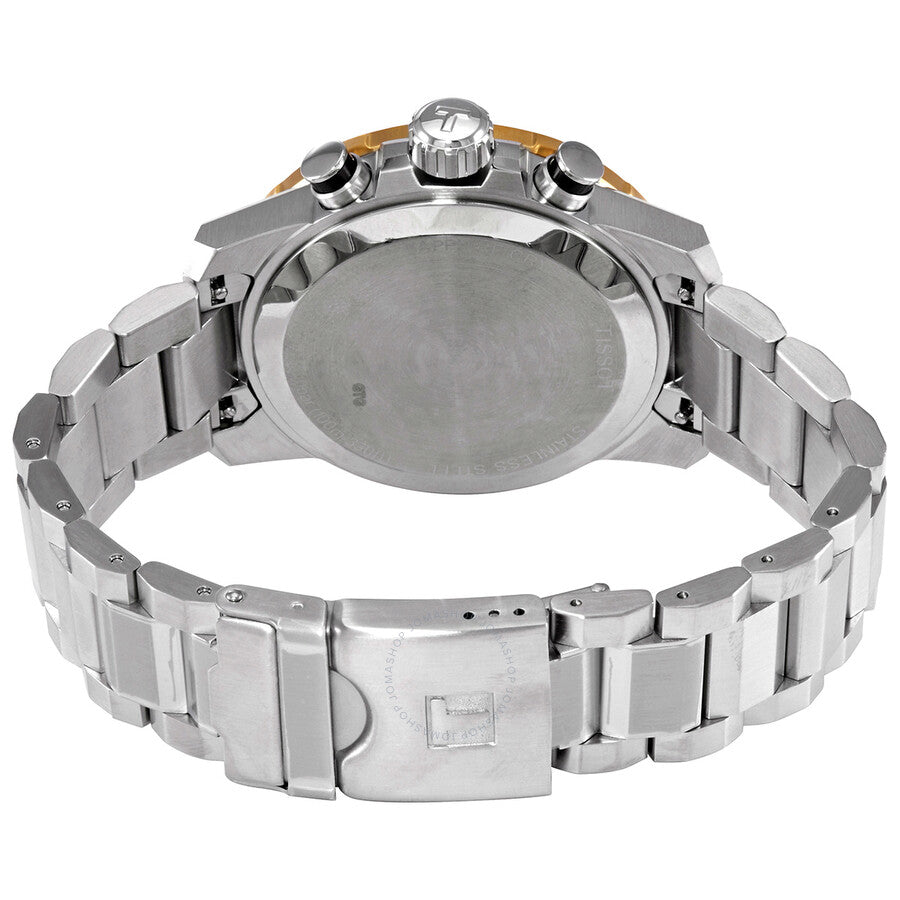 Tissot Supersport chronograph caseback view showing stainless steel bracelet and deployment clasp