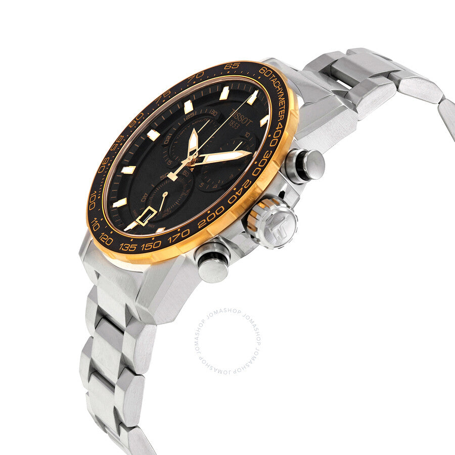 Tissot Supersport chronograph shown at angle with stainless steel bracelet and pushers visible