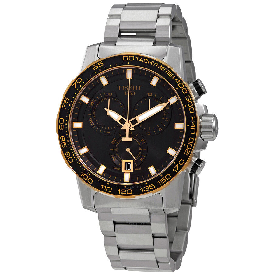 Tissot Supersport chronograph watch with black dial, orange tachymeter bezel, and stainless steel bracelet