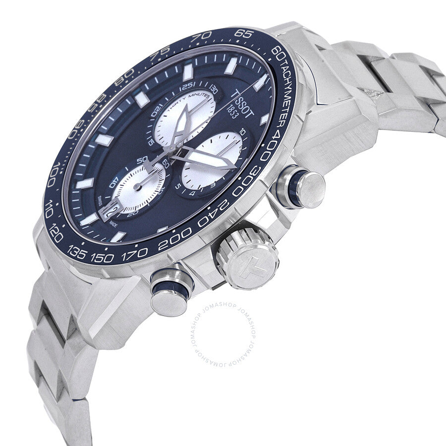 Angled view of Tissot Supersport chronograph with blue dial and stainless steel band
