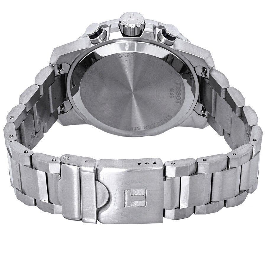 Back view of Tissot Supersport chronograph showing steel case back and bracelet