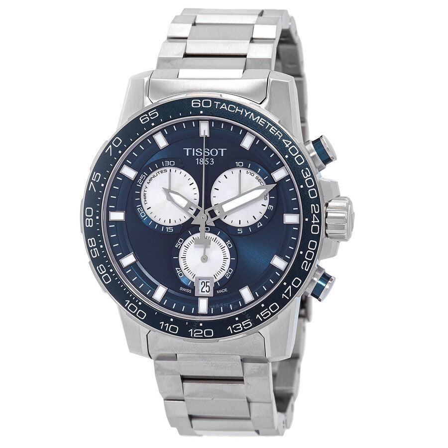 Tissot Supersport chronograph watch with blue dial, three subdials, steel case and bracelet