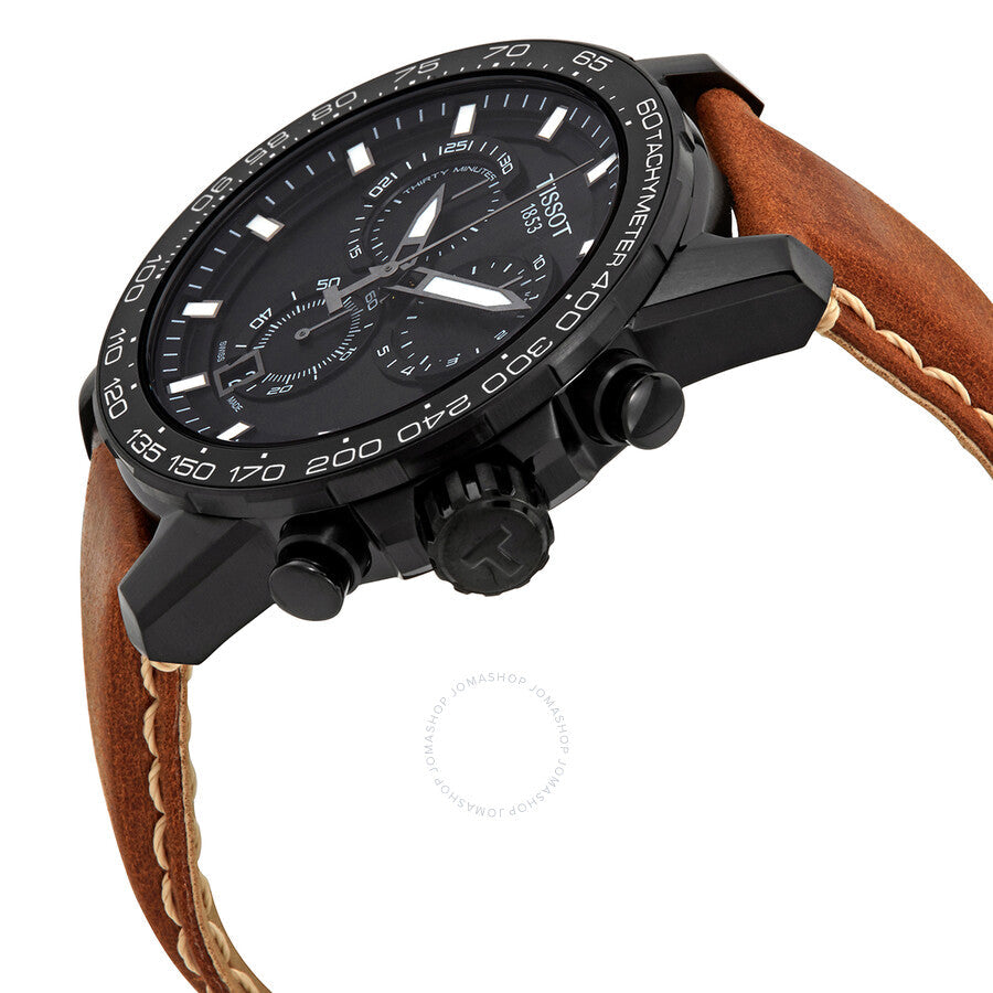 Tissot Supersport chronograph watch viewed at angle showing case profile and brown leather strap