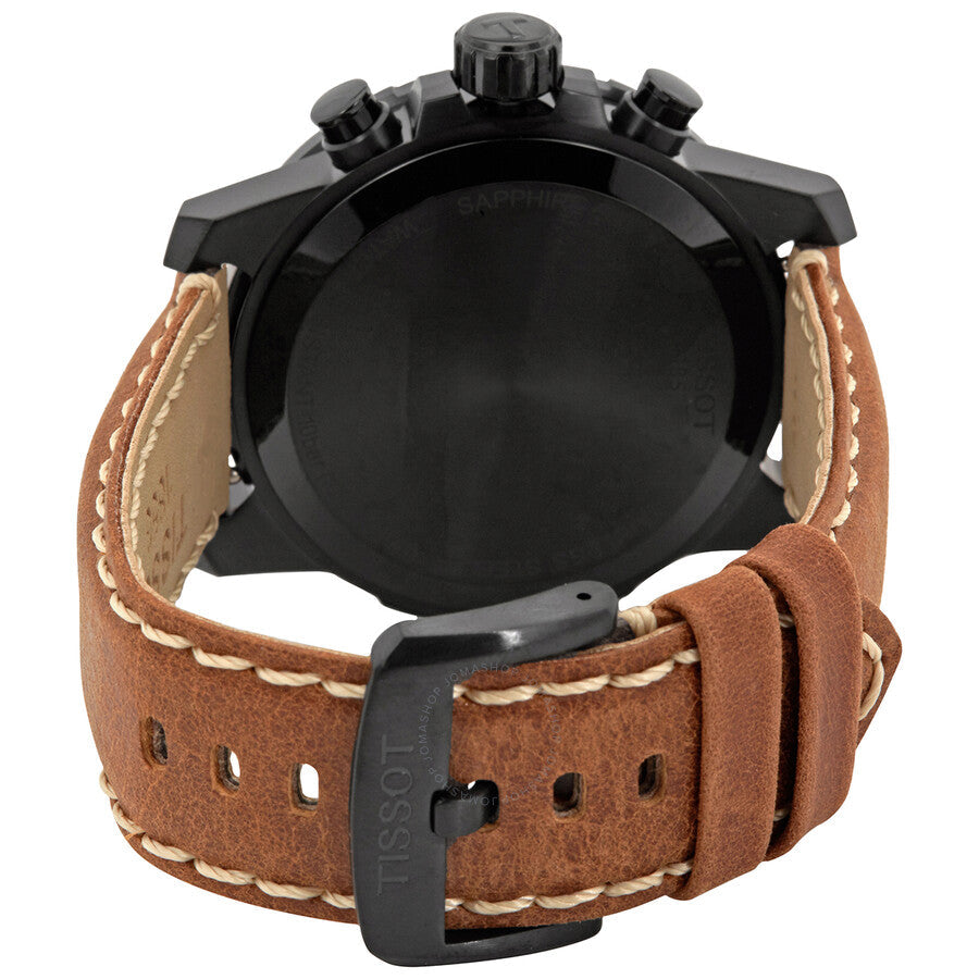 Tissot Supersport watch caseback showing black case and brown leather strap with stitching detail