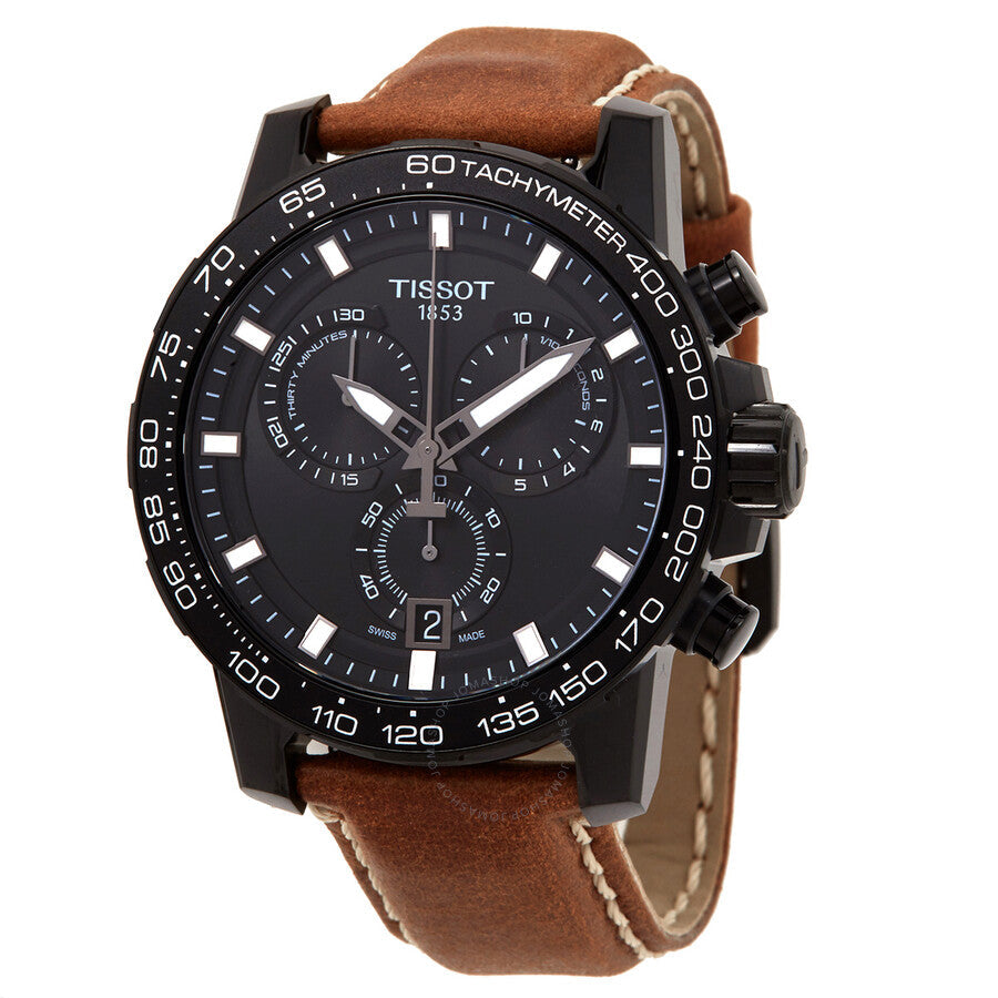 Tissot Supersport chronograph quartz watch with black dial, tachymeter bezel, and brown leather strap