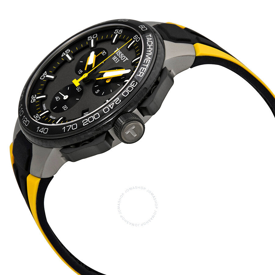 Tissot T-Bike chronograph watch at side angle showing case, dial, and yellow-black strap