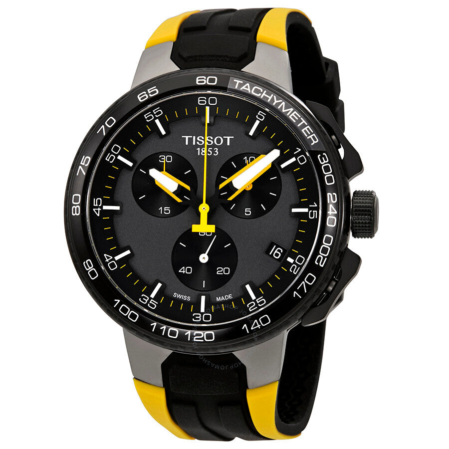 Tissot T-Bike chronograph men's watch with black dial, yellow hands, and yellow-black rubber strap