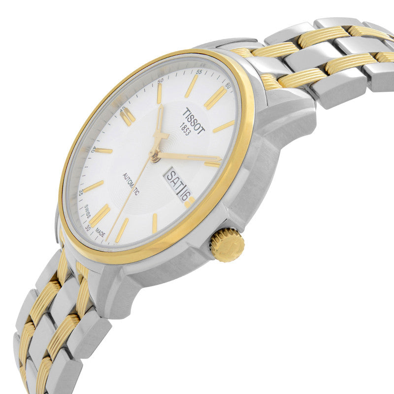 Tissot T Classic Automatic side view showing two-tone steel gold bracelet and case
