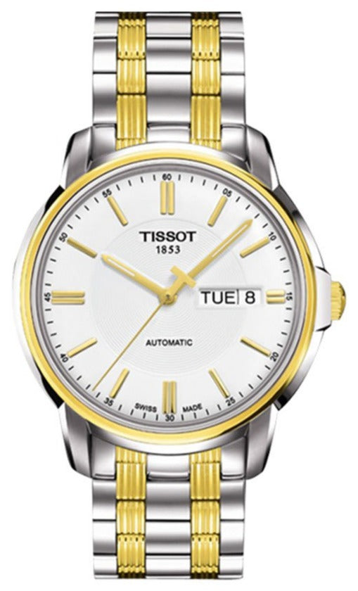 Tissot T Classic Automatic white dial two-tone steel gold watch front view