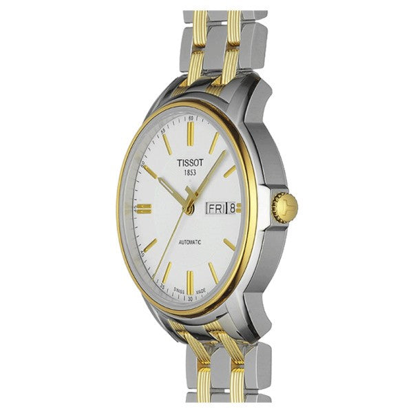 Tissot T Classic Automatic side profile showing two-tone steel and gold bracelet case
