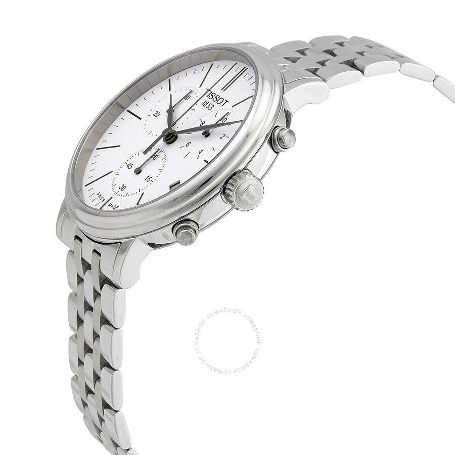 Tissot Carson Premium chronograph watch side angle view showing steel case and bracelet