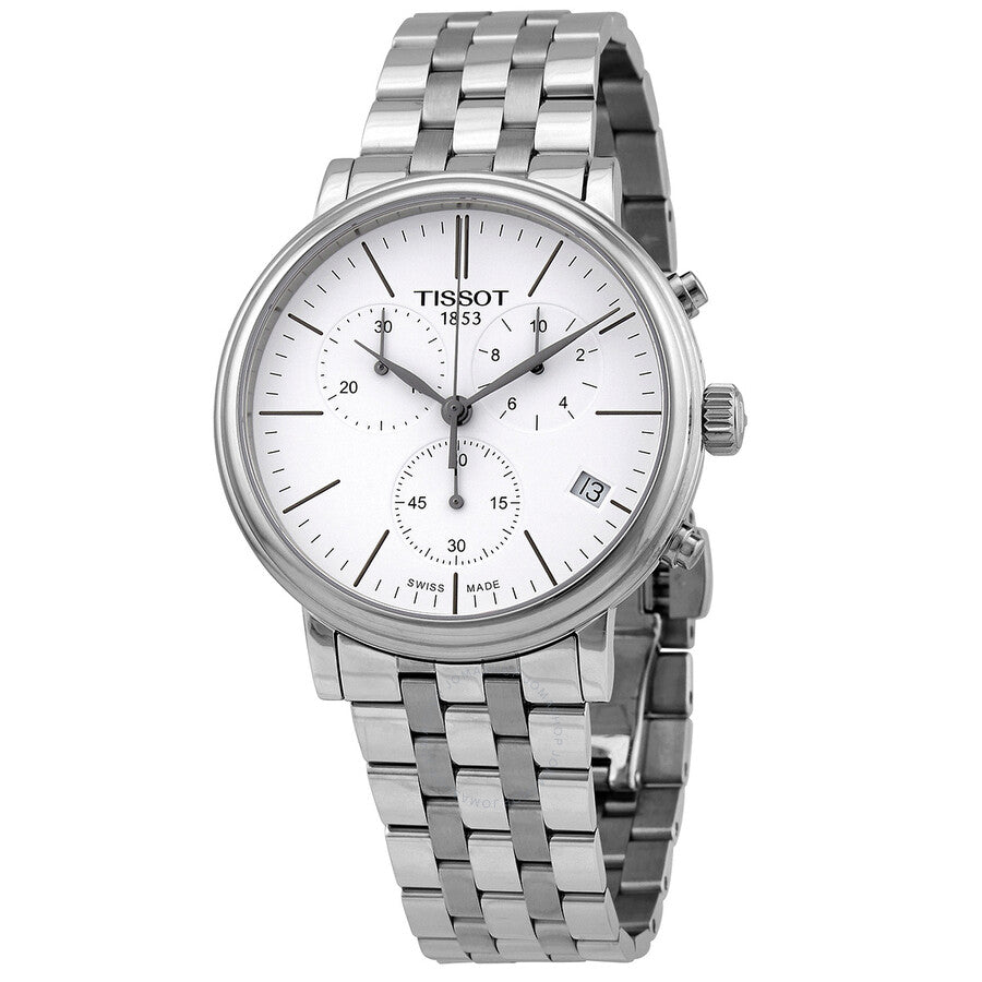 Tissot T-Classic Carson Premium chronograph watch with white dial and steel bracelet