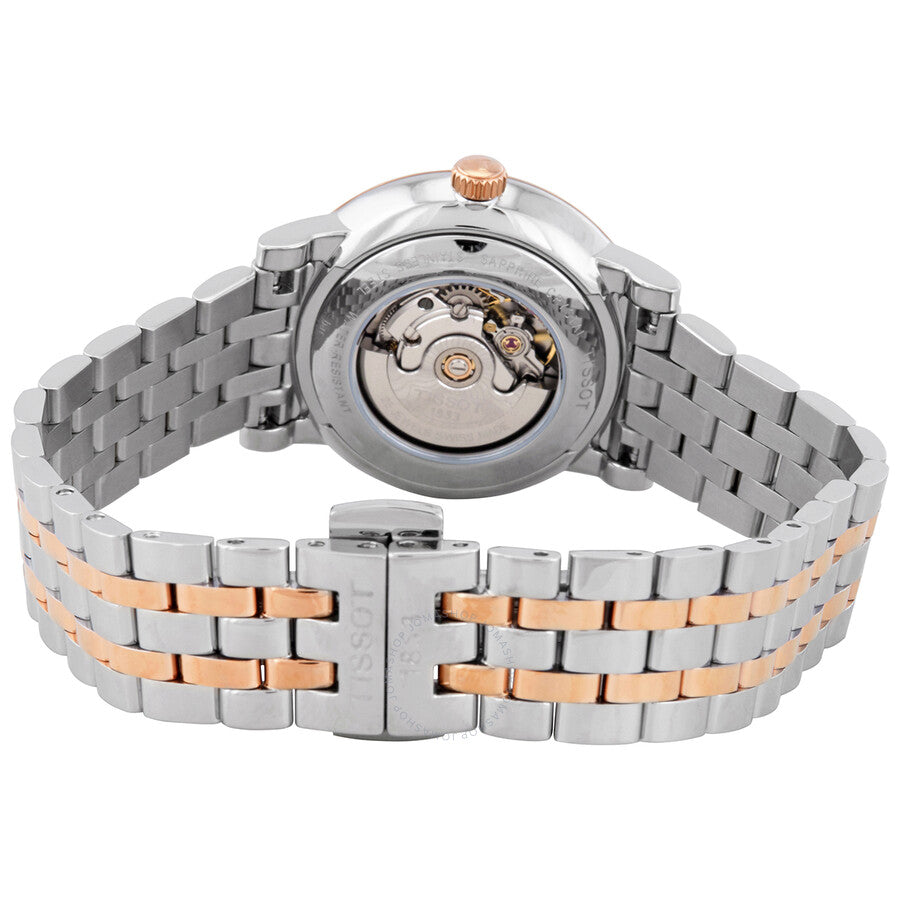 Tissot T-Classic Carson caseback revealing automatic movement and two-tone bracelet