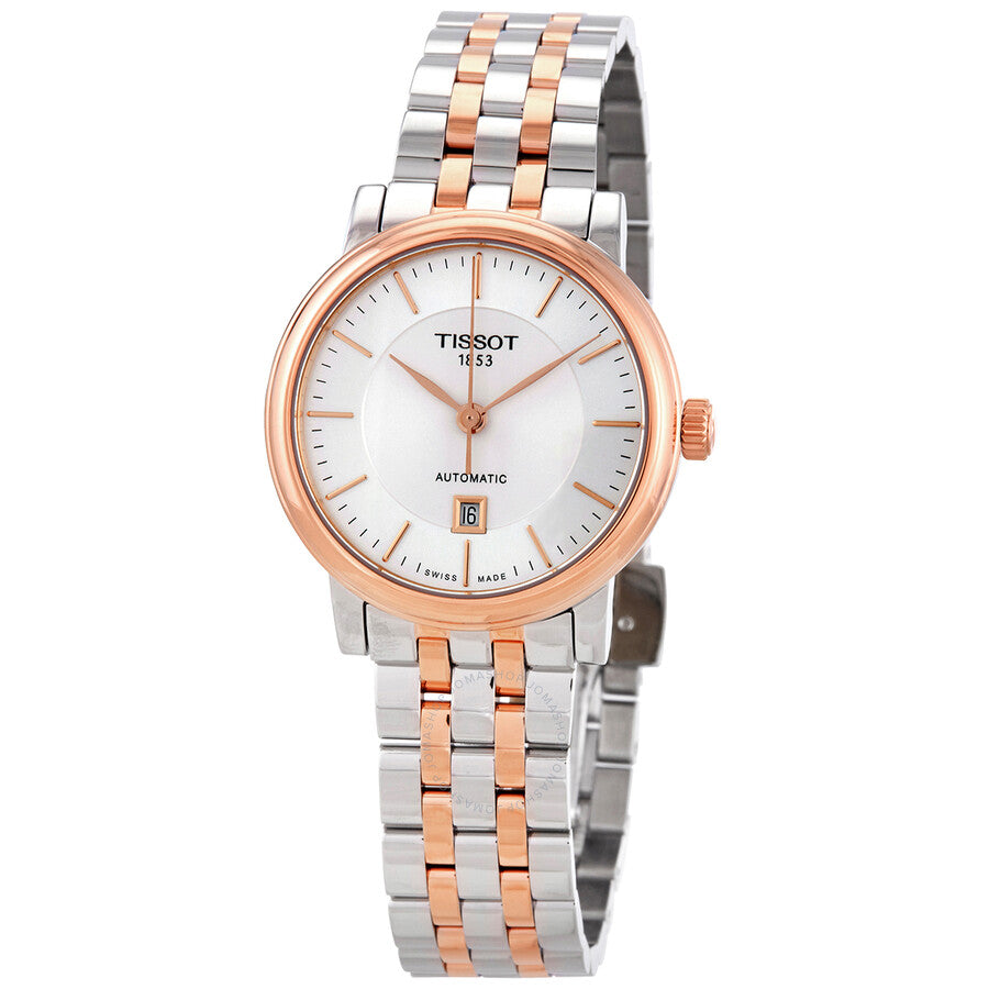 Tissot T-Classic Carson ladies watch with silver dial, rose gold bezel, and two-tone bracelet