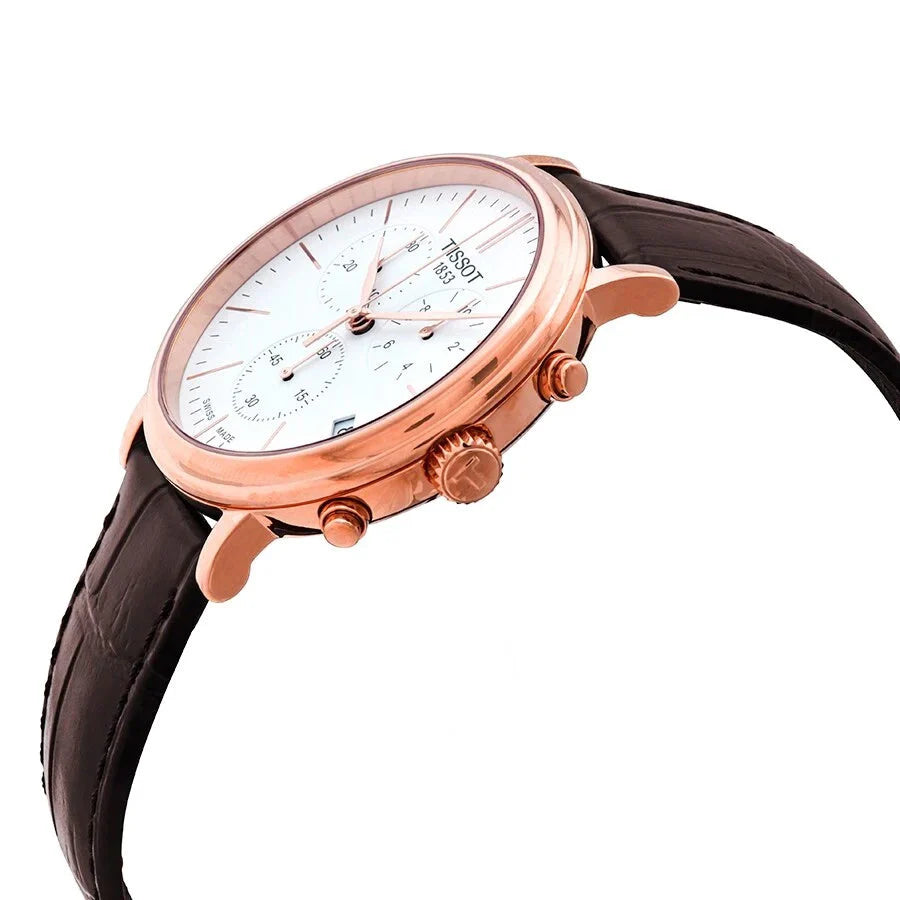 Side angle view of Tissot Carson with chronograph subdials and dark leather strap