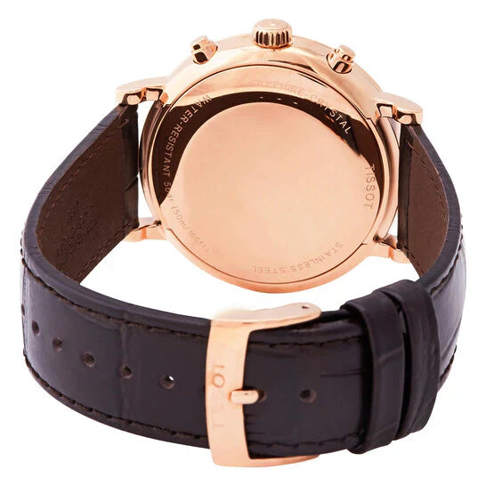 Caseback view of Tissot Carson rose gold chronograph watch