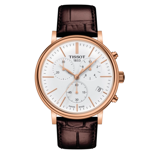 Tissot T-Classic Carson chronograph watch with white dial and rose gold case