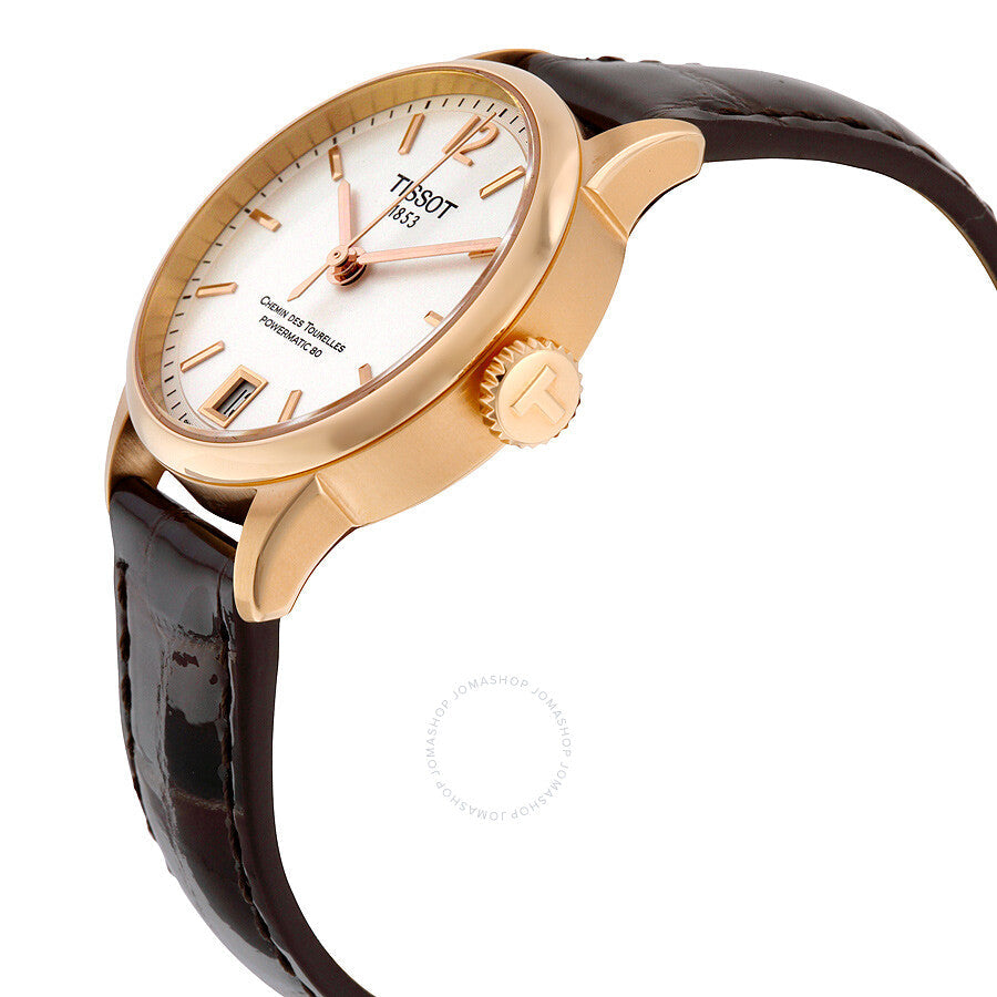 Tissot T-Classic Chemin Des Tourelles ladies watch side view showing rose gold case and brown crocodile leather strap