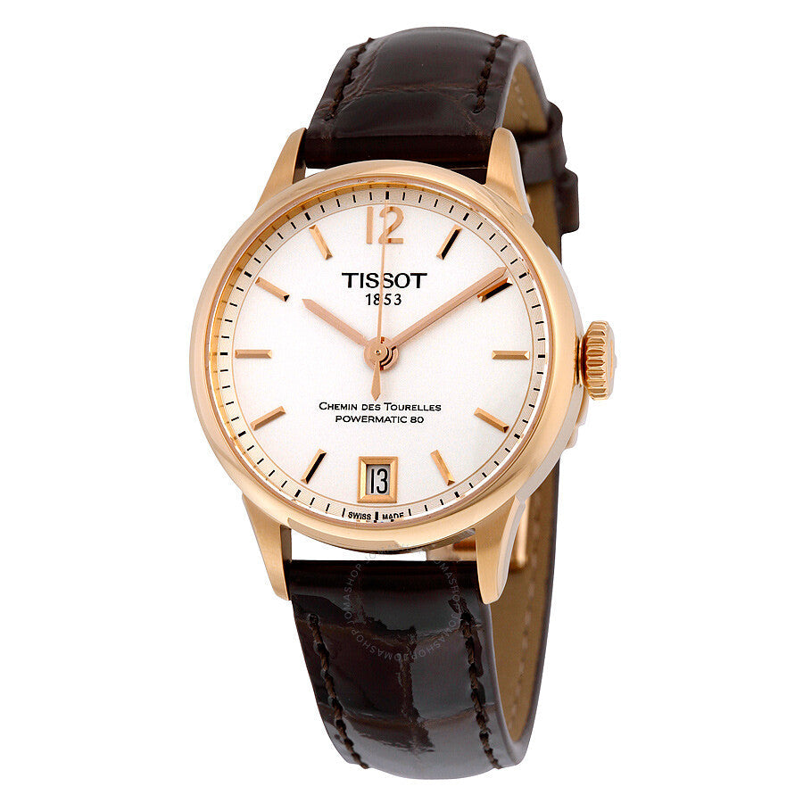 Tissot T-Classic Chemin Des Tourelles automatic ladies watch with rose gold case, white dial, and brown leather strap