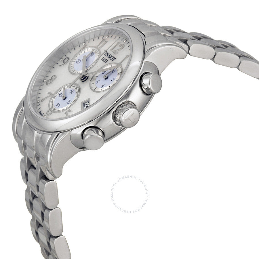 Tissot T Classic Chronograph ladies watch with mother of pearl dial shown at angle