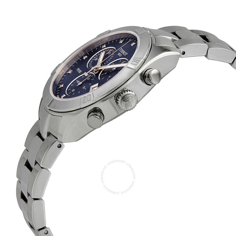 Tissot T-Classic chronograph side view showing stainless steel band and blue dial