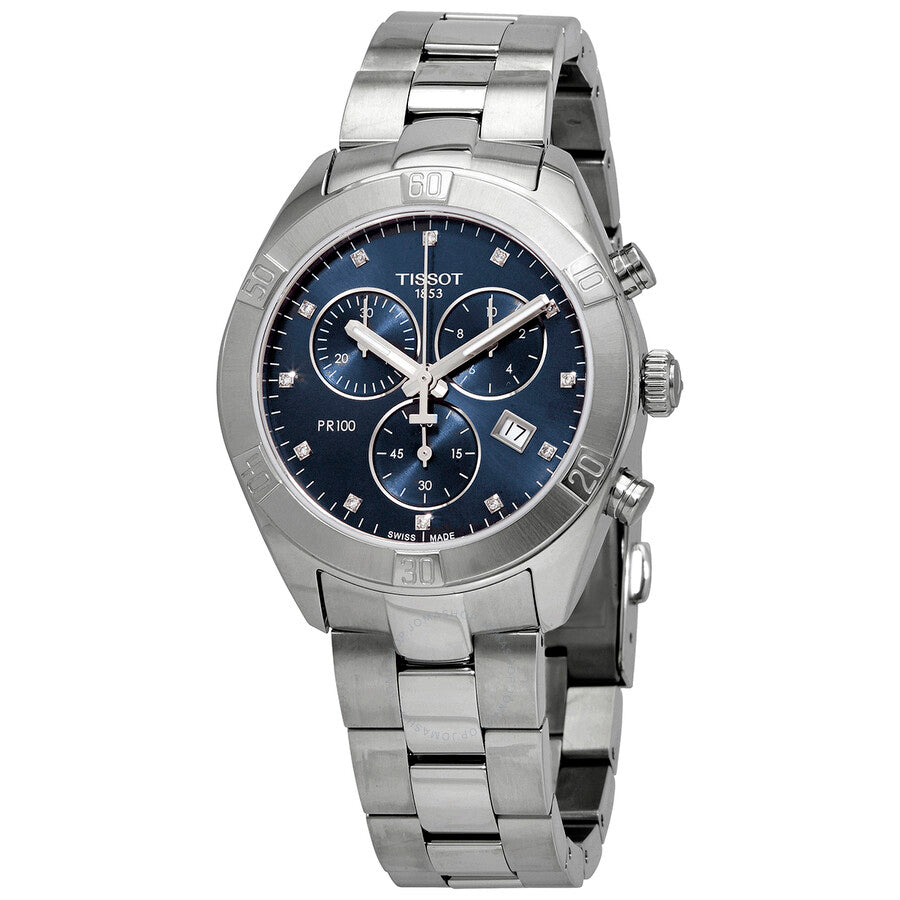 Tissot T-Classic stainless steel chronograph with blue dial and diamond hour markers