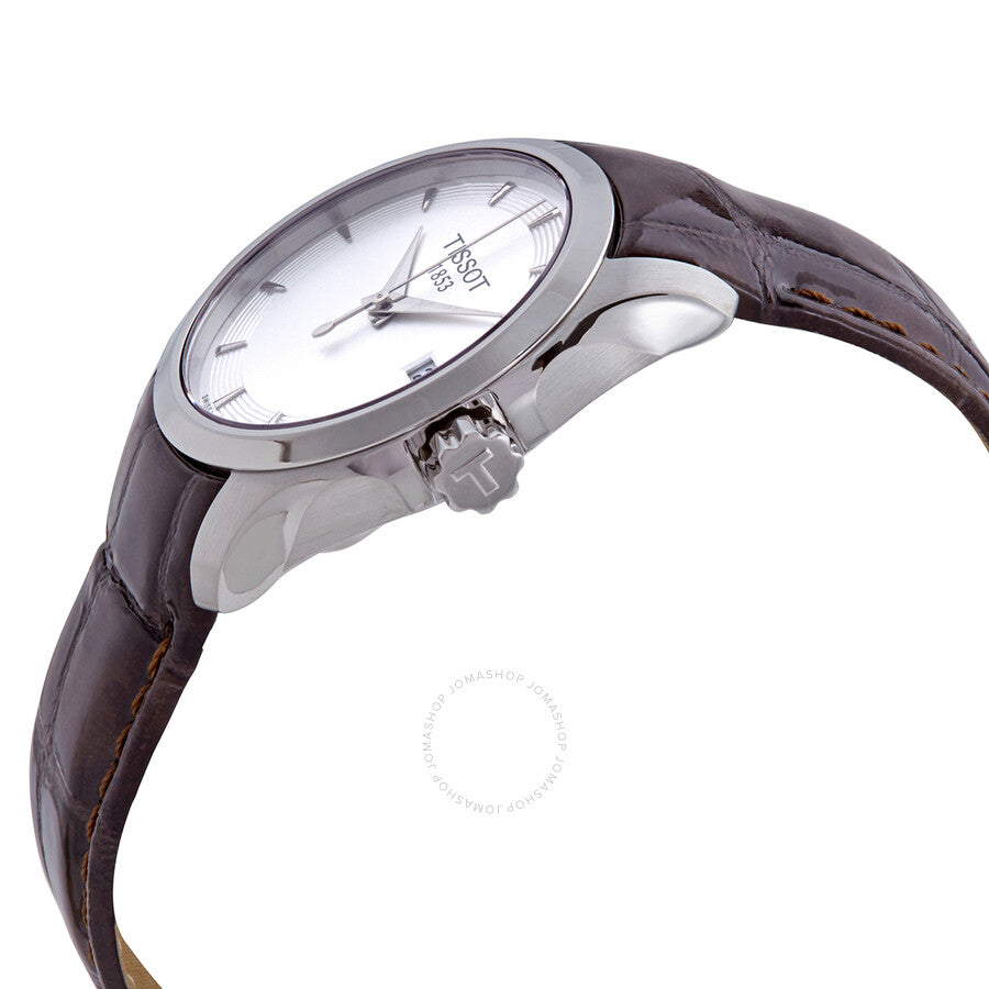 Tissot T-Classic Couturier watch angled view showing case profile and leather strap
